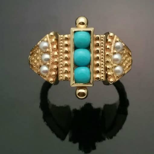 R553 Etruscan ring with with turquoise and pearls top view