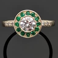 R911 Xenia Colored halo ring with green stone front view